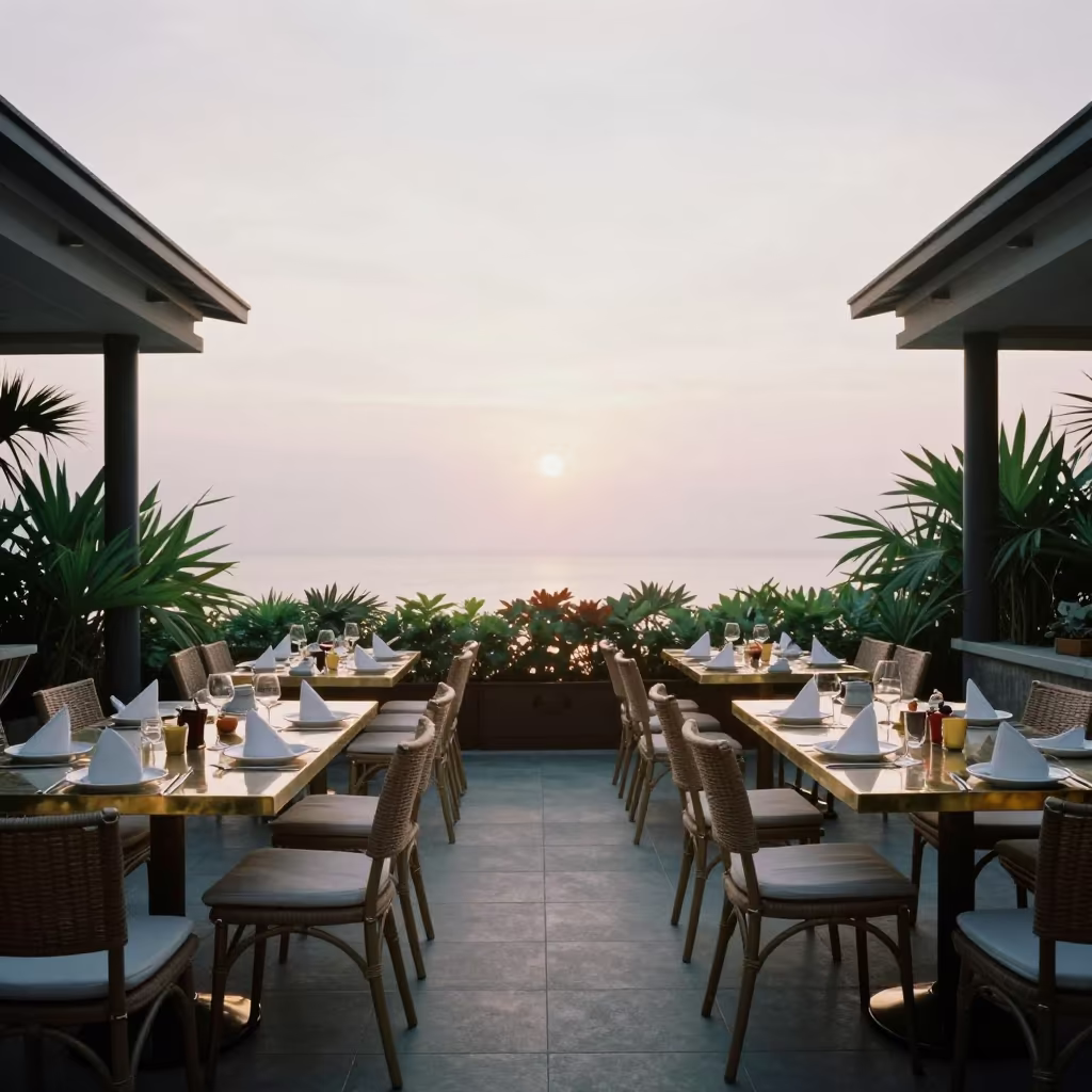 Symmetrical Resort Terrace with Sea Wind and White Napkins in in a hotel courtyard prepared for dinner in Kuala Lumpur