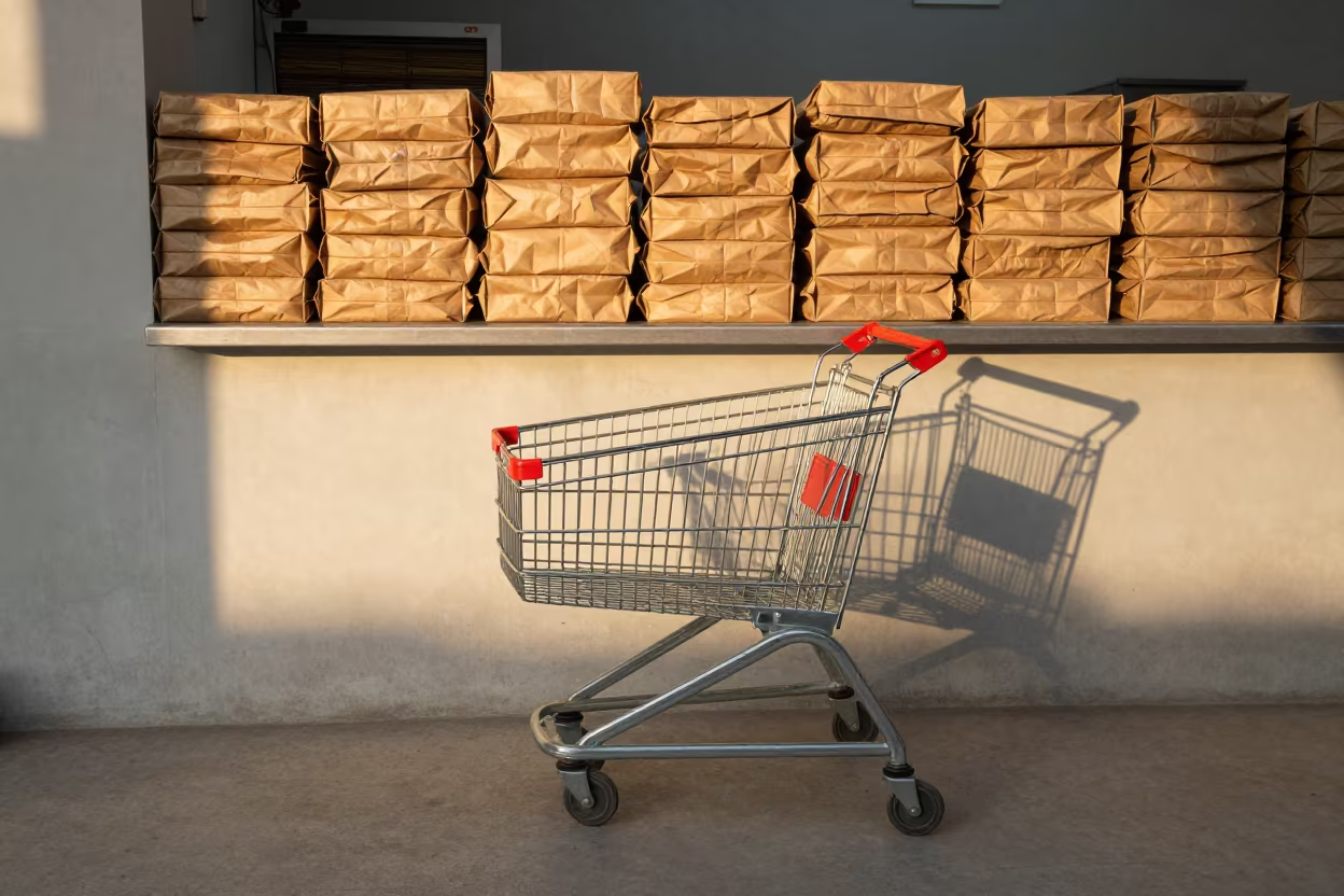 Symmetrical Retail Cart at Golden Hour Cash Wrap in at a cash wrap counter with bags stacked nearby near Saharanpur