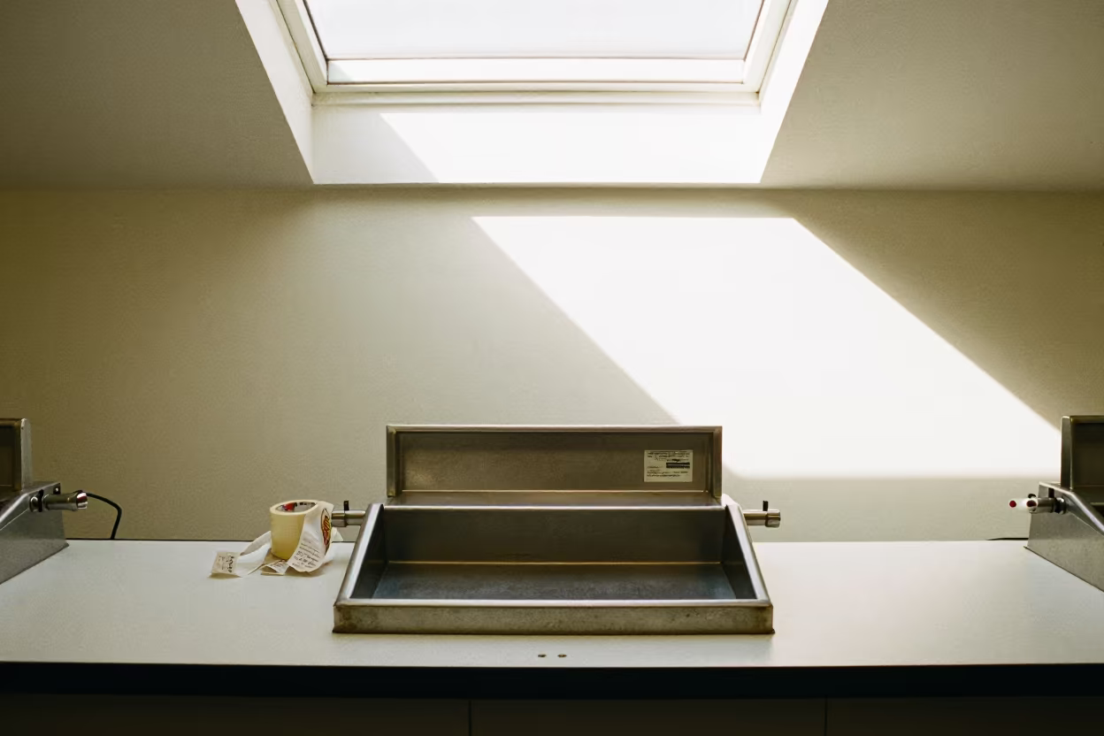Symmetrical Retail Till Tray Under Store Light in at a checkout lane under flat store light near Swansea