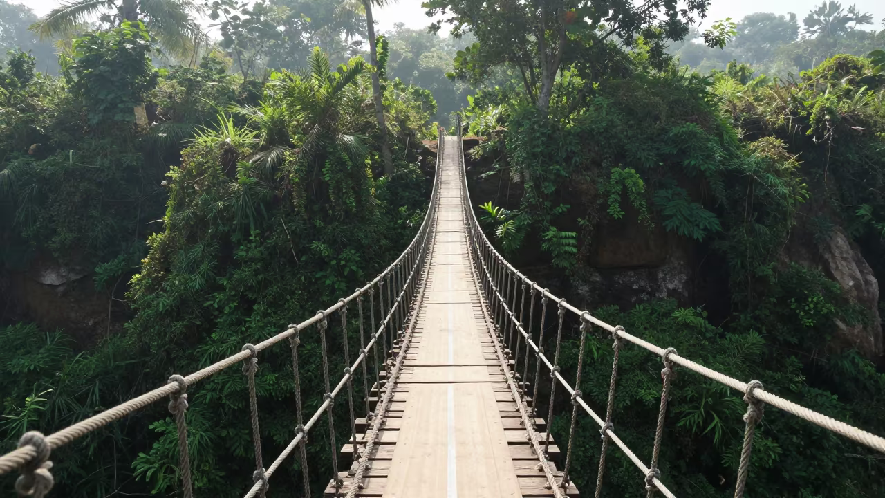 Symmetrical Rope Bridge Over Jungle Gorge West Bengal in in West Bengal