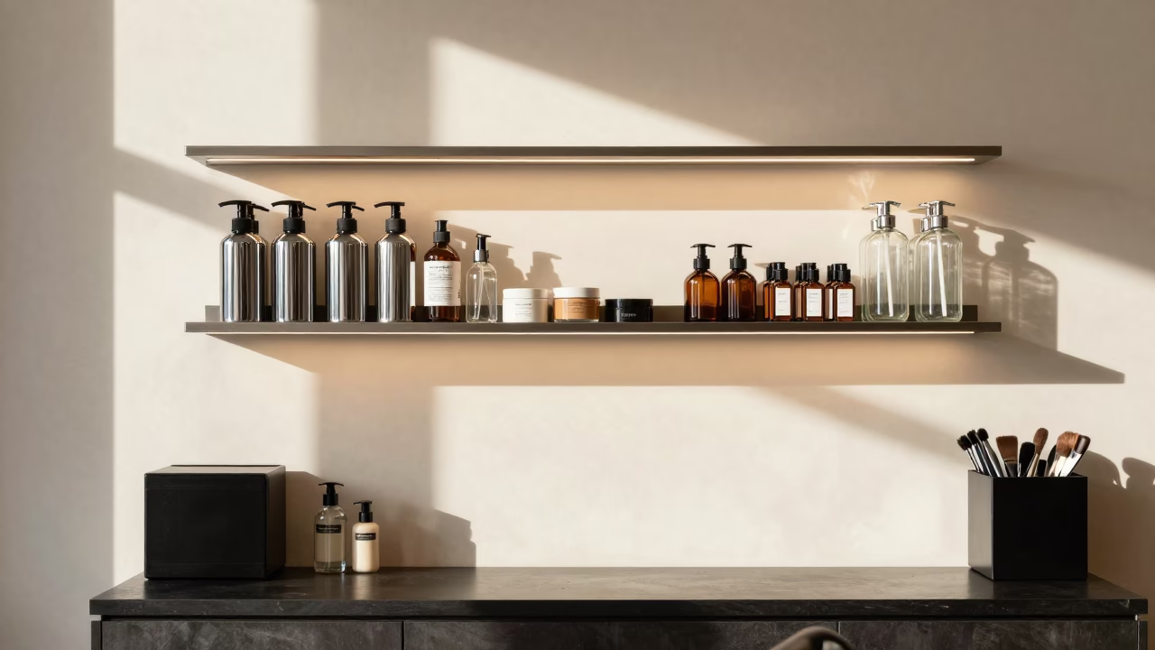 Symmetrical Salon Backbar Pump Shelf in Markham in inside a salon row in Markham