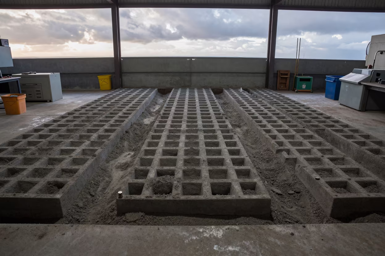 Symmetrical Sand Molds in Waikiki Foundry Pit in in a machine shop near Waikiki, Honolulu