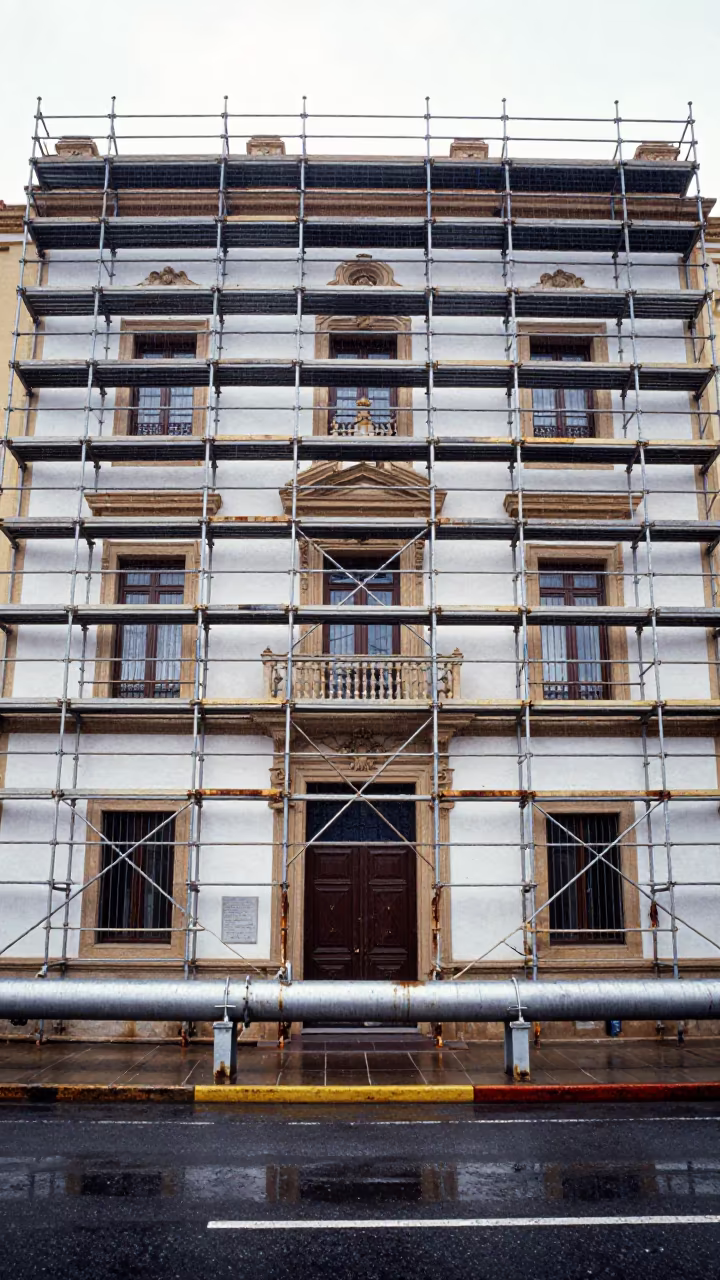 Symmetrical Scaffolding on Historic Valencia Facade in along a service road lined with pipes near Valencia