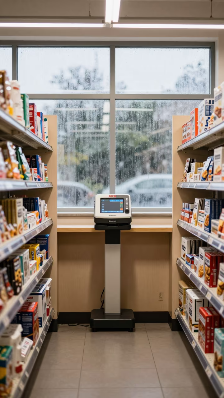 Symmetrical Scanner Dock in Wroclaw Retail Aisle in inside a bright retail aisle in Wroclaw