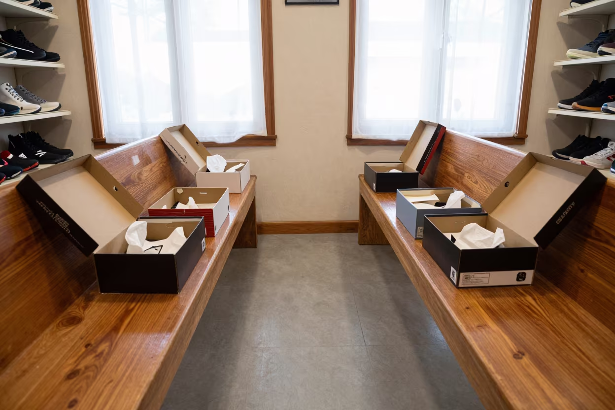 Symmetrical Shoe Store Bench in Stockroom in inside a stockroom behind the sales floor near Bariloche