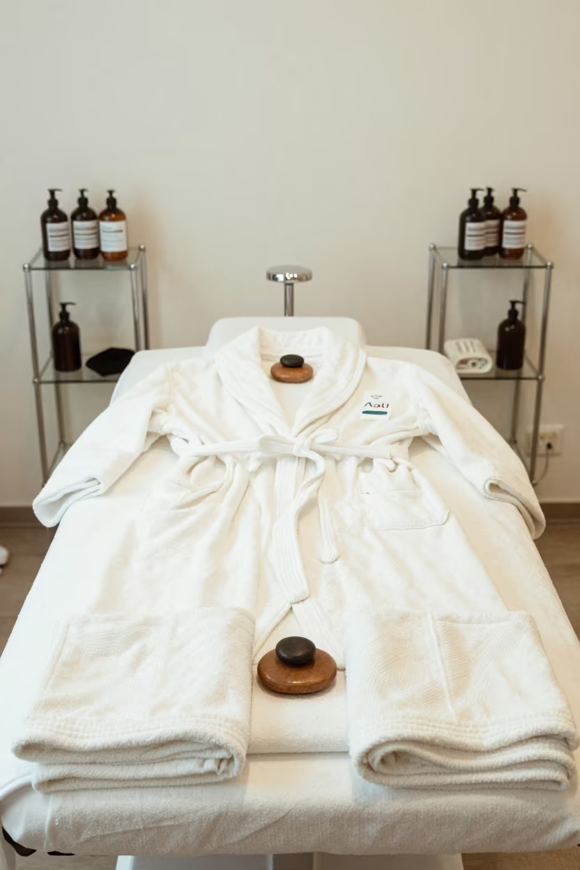 Symmetrical Spa Bed with Stones and Robes in Lubeck in inside a nail studio in Lubeck