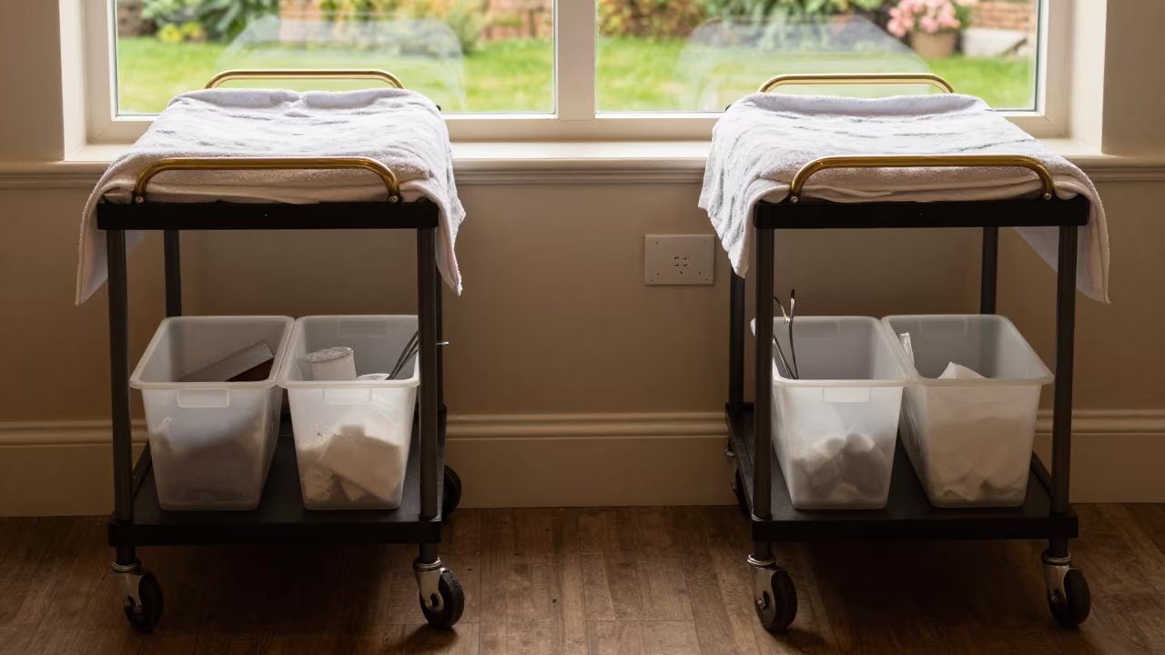 Symmetrical Spa Service Dolly with Linens in inside a spa reception near Oxford