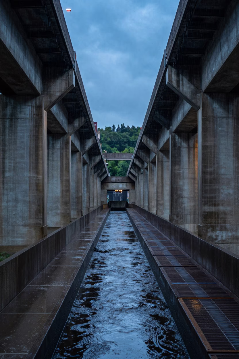Symmetrical Spillway Bridge in Pennsylvania Twilight in along a bridge maintenance walkway in Pennsylvania