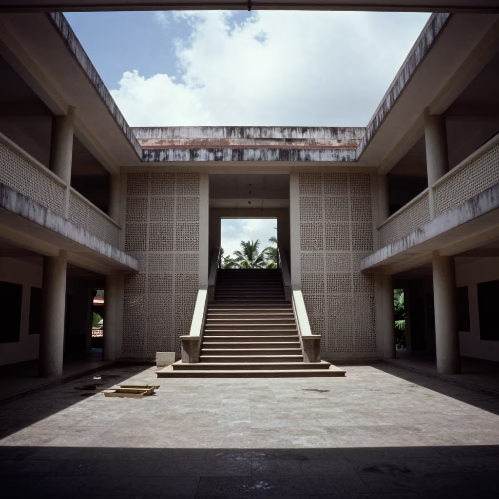 Symmetrical Stair Hall Under Perforated Screens in inside a vaulted atrium in Solapur