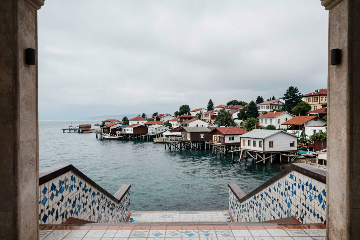 Symmetrical Stair Hall Overlooking Trabzon Water Village in inside a tiled stair hall near Trabzon