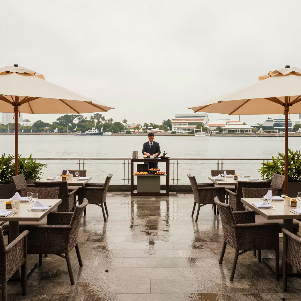 Symmetrical Terrace Wind Lifts Napkins at Boat Quay in beside a valet stand after rain in Boat Quay, Singapore