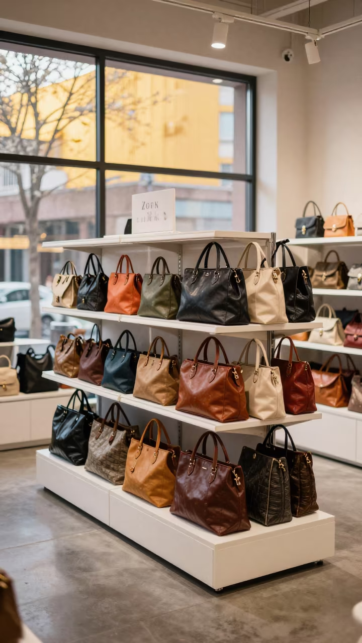 Symmetrical Tote Rack in Gwangju Evening Light in beside a seasonal endcap near the sales floor in Gwangju
