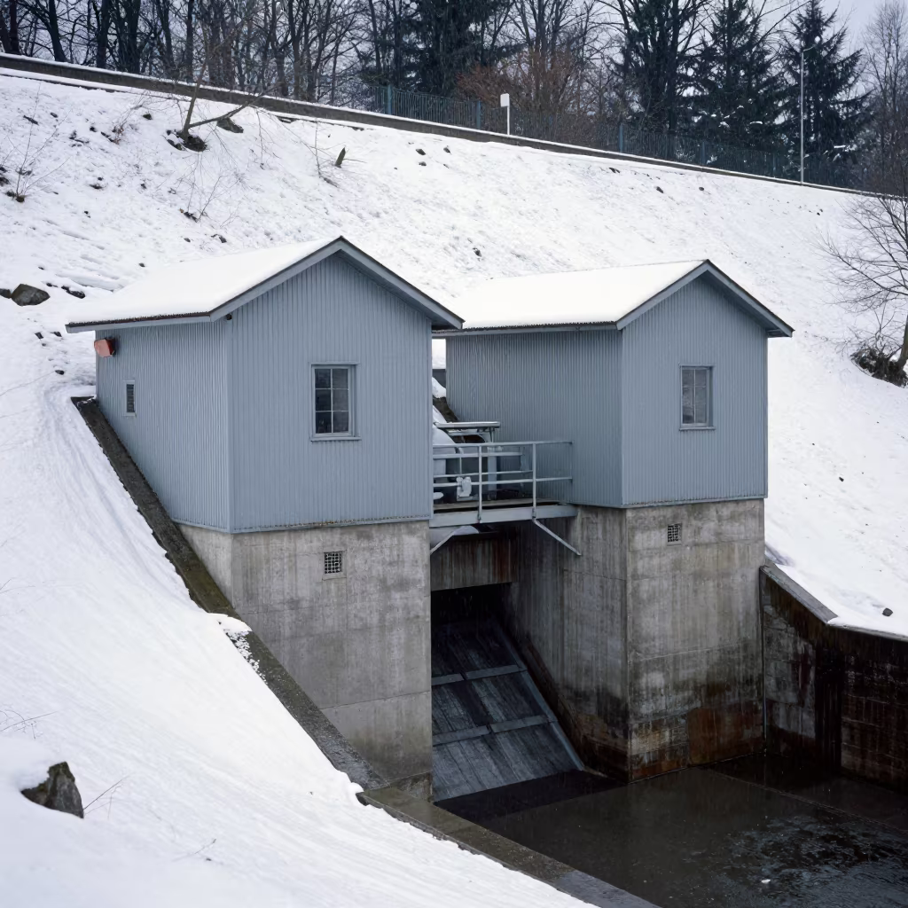 Symmetrical Valve House on Snowy Midsummer Slope in beside a hydroelectric intake near Maastricht