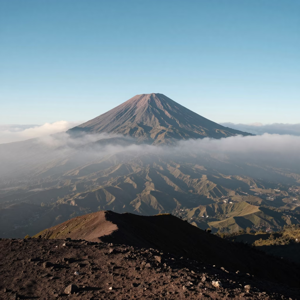 Symmetrical Volcanic Cone Above La Paz Foothills in from a ridge above layered foothills near La Paz