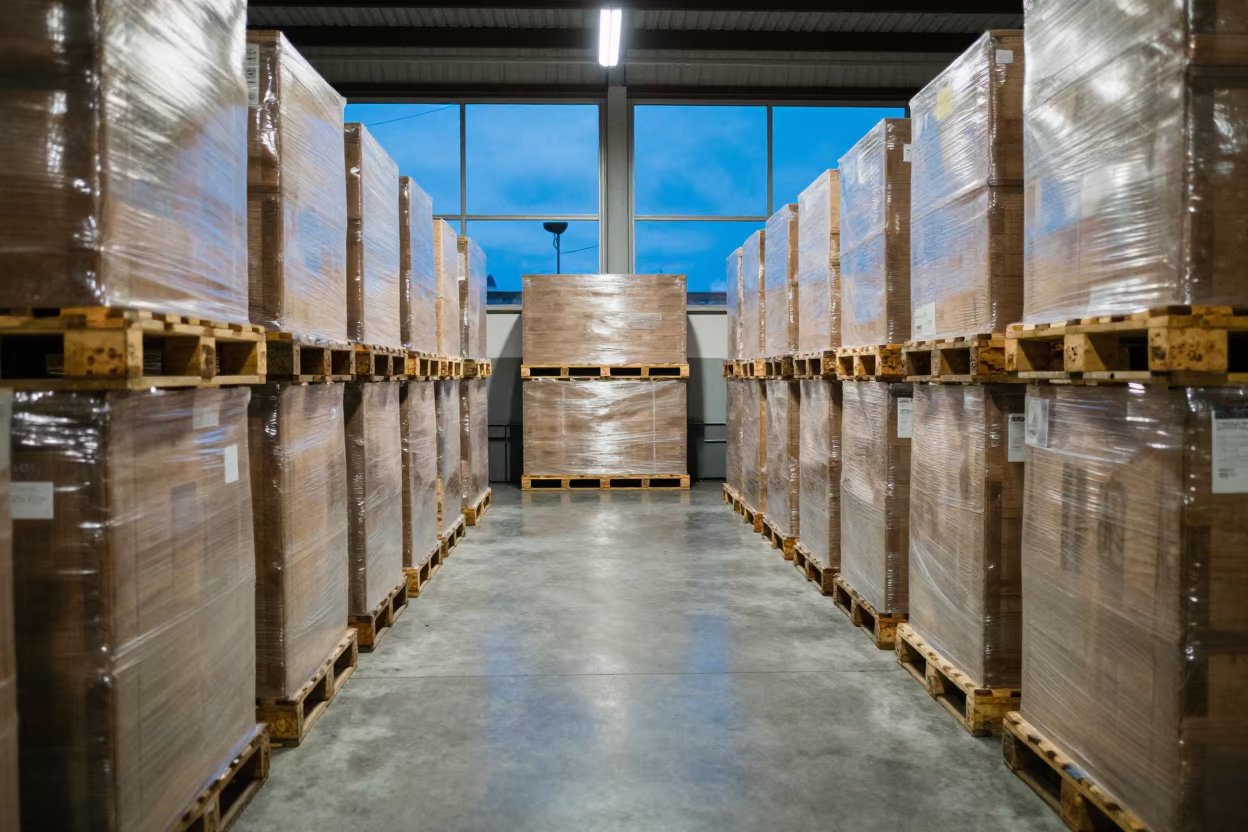 Symmetrical Warehouse Aisle Blue Hour Twilight Porto Alegre in inside a warehouse aisle in Porto Alegre