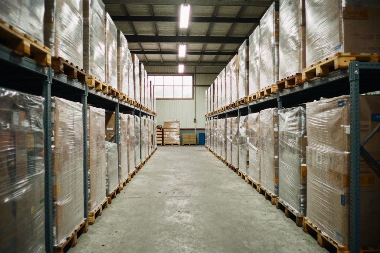 Symmetrical Warehouse Aisle with Shrink Wrapped Pallets in along inventory racks under cool warehouse light in Changsha
