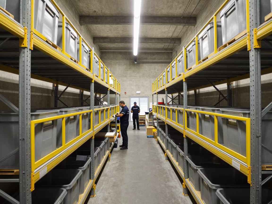 Symmetrical Warehouse Mezzanine Picking Path with Yellow Rails in at a fulfillment packing station near Nyíregyháza