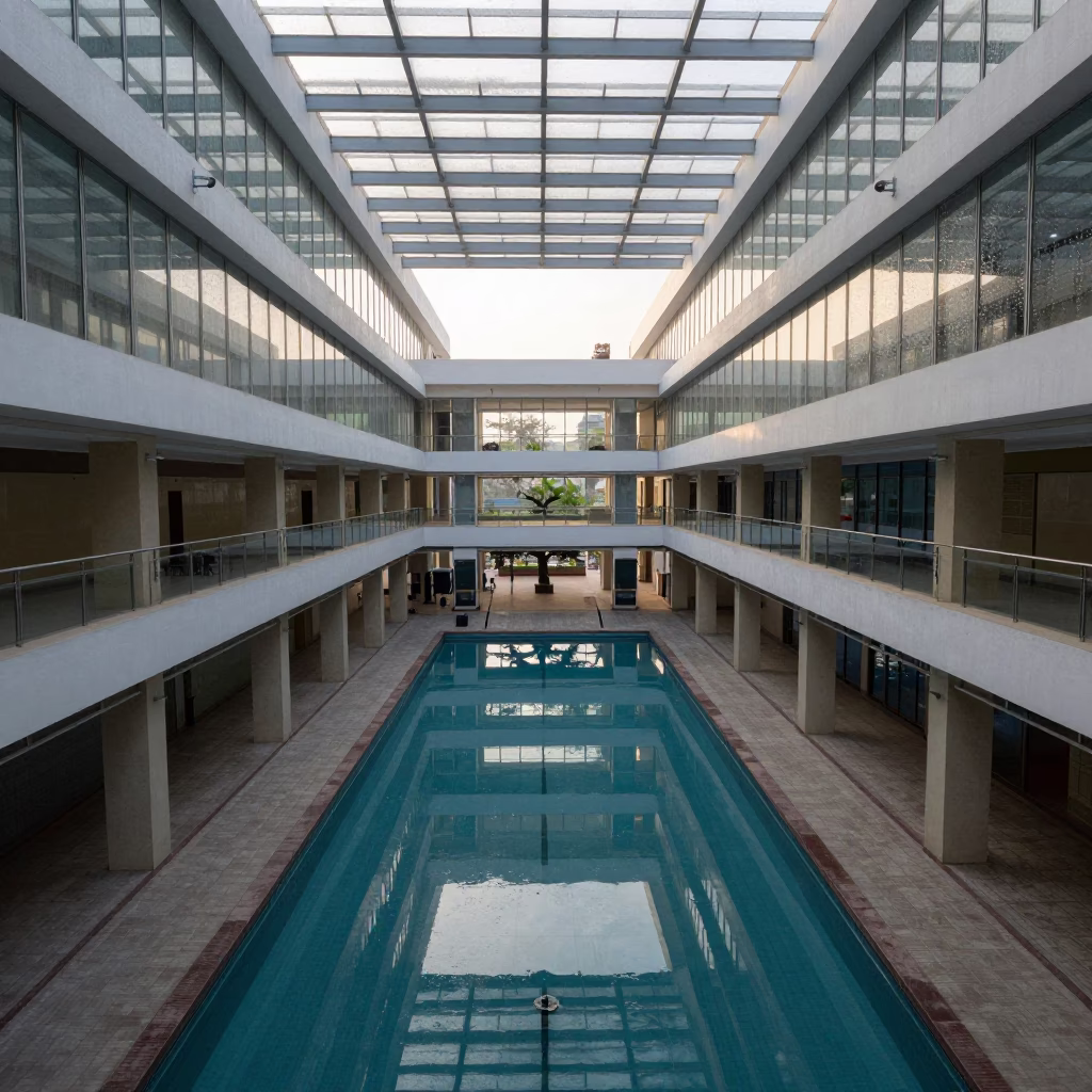 Symmetrical Water Reflection in Faisalabad Atrium in inside a vaulted atrium near Faisalabad