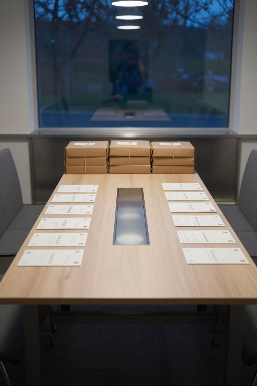 Symmetrical Welcome Mailer Bench in Ortahisar in at a boardroom table before a meeting in Ortahisar