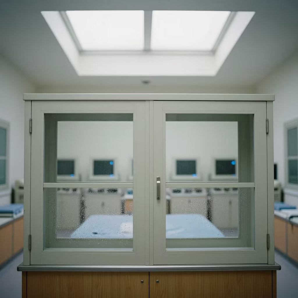 Symmetrical wellness cabinet in Wuhan office in in an operations center under monitor glow near Wuhan