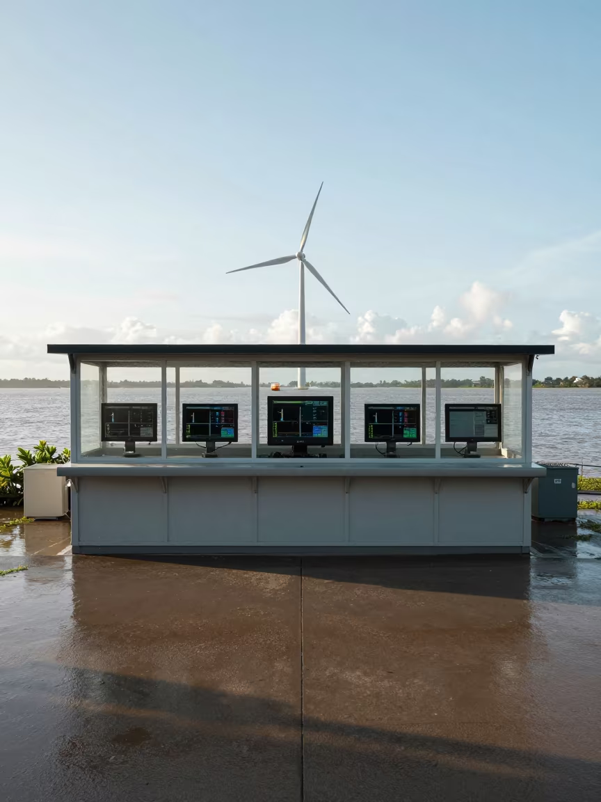 Symmetrical Wind Farm Control Room on Newport Levee in along a levee path above floodwater in Newport