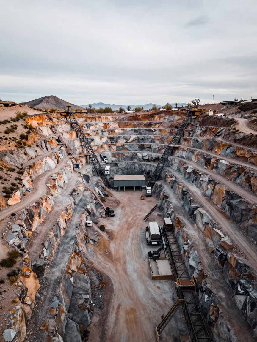 Symmetrical Winter Quarry Rock Layers in beside exposed structural steel near Tucson