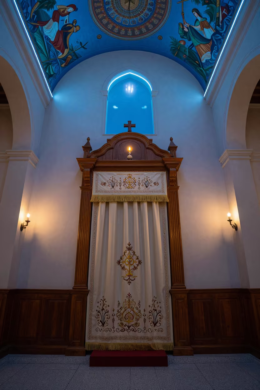 Synagogue Ark Curtain Blue Evening Light in beneath a painted synagogue ceiling in Hefei