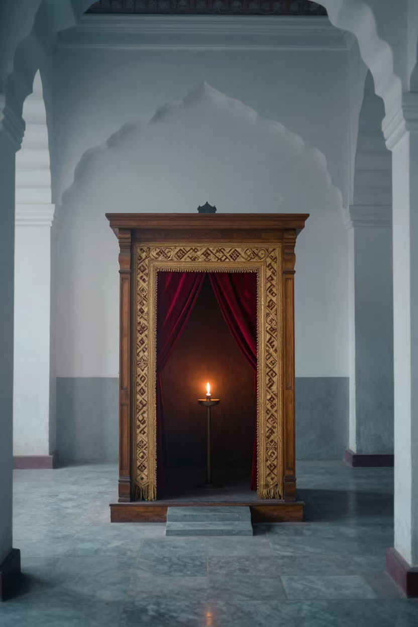 Synagogue Ark with Curtain and Eternal Flame Before Dawn in inside a timber synagogue hall in Saharanpur