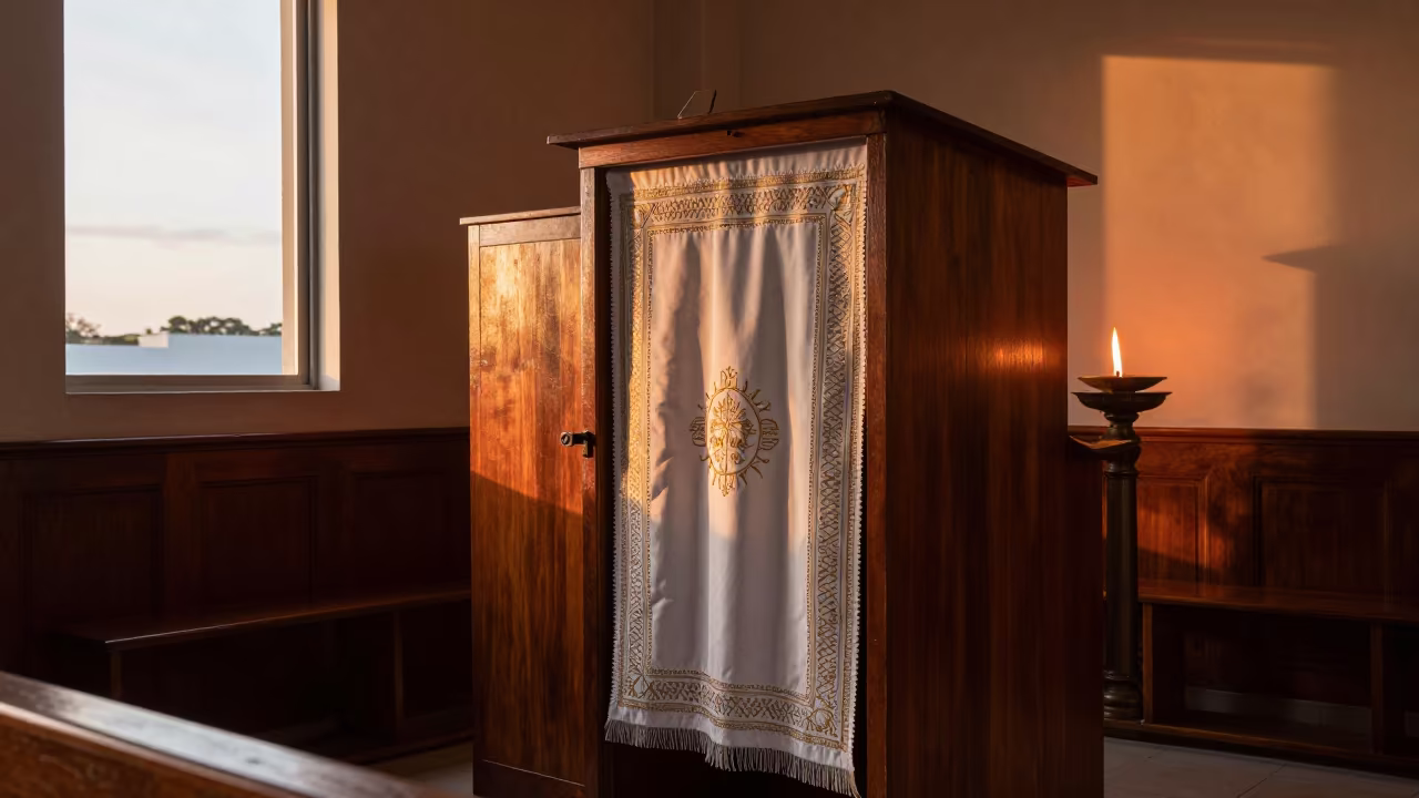 Synagogue Ark with Curtain and Eternal Flame in inside a synagogue sanctuary in Maceio