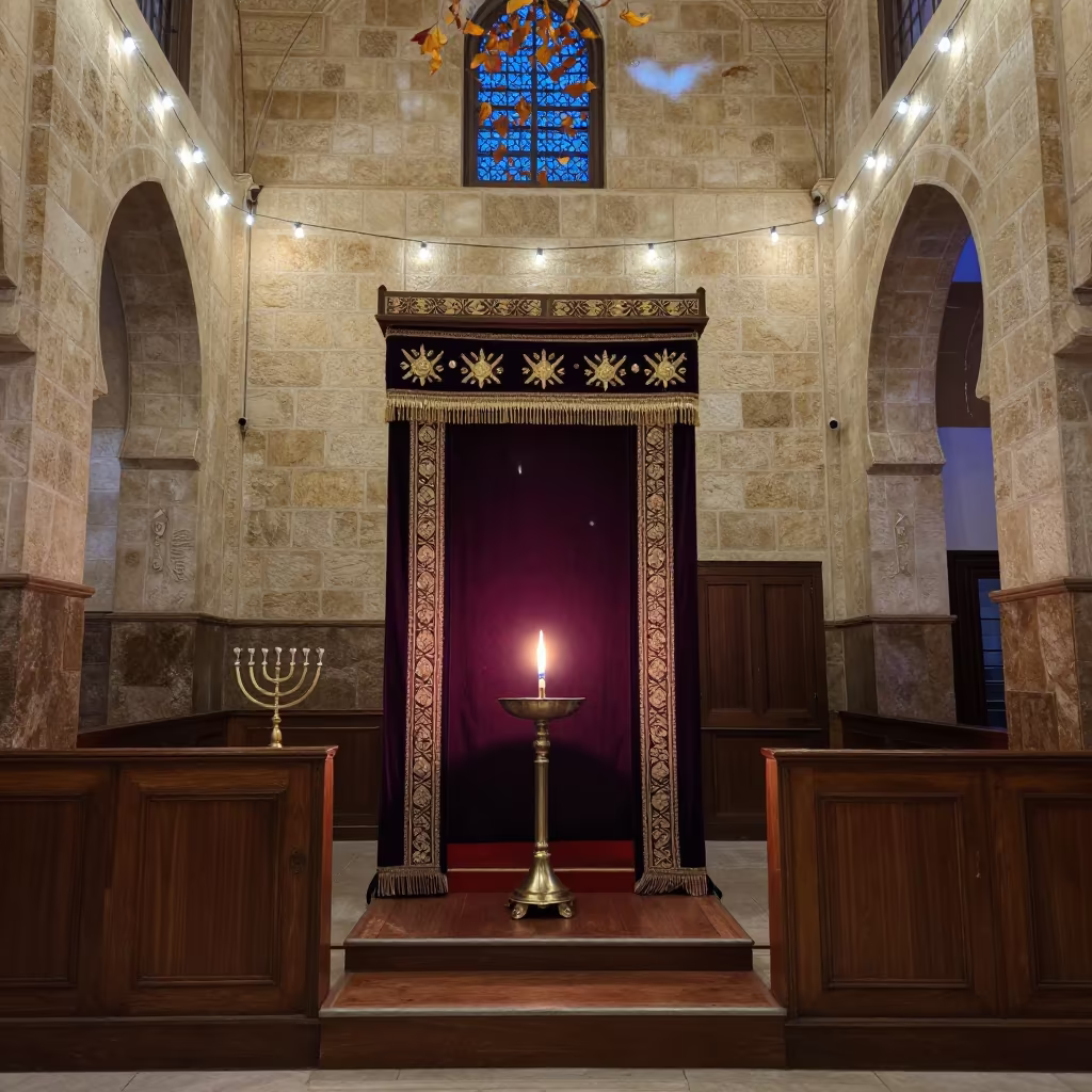 Synagogue Ark with Curtain and Flame in Marrakesh in inside a synagogue sanctuary in Marrakesh
