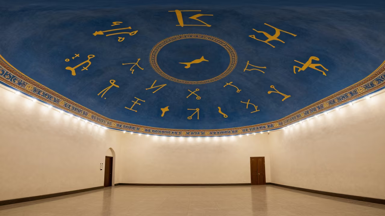 Synagogue Ceiling Zodiac Signs Blue Gold in beneath a painted synagogue ceiling in Busan