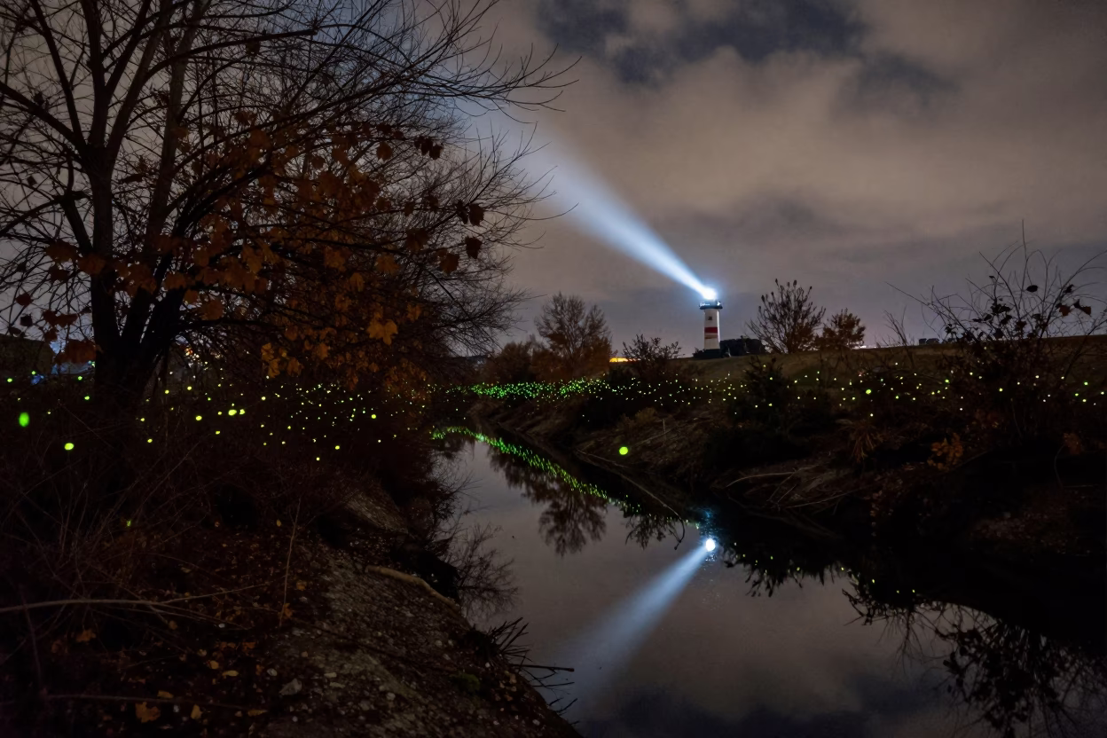 Synchronized Fireflies on Autumn Creek Bank in near Jalalabad