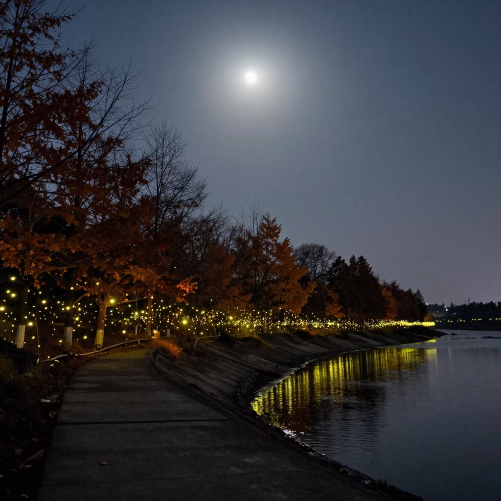 Synchronized Fireflies Over Chengdu Creek at Night in from a moonlit breakwater near Chengdu
