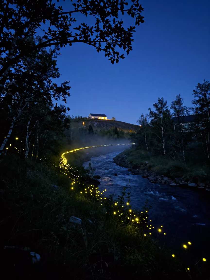 Synchrony Fireflies Creek Bank Tromso Midnight Sun in beneath a dark-sky overlook near Tromso