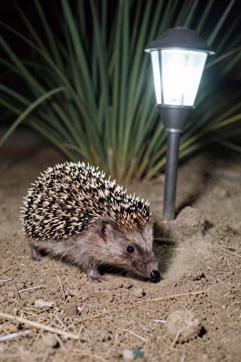 Syrian Hedgehog Foraging Under Garden Light in at the edge of a reed bed in Syria