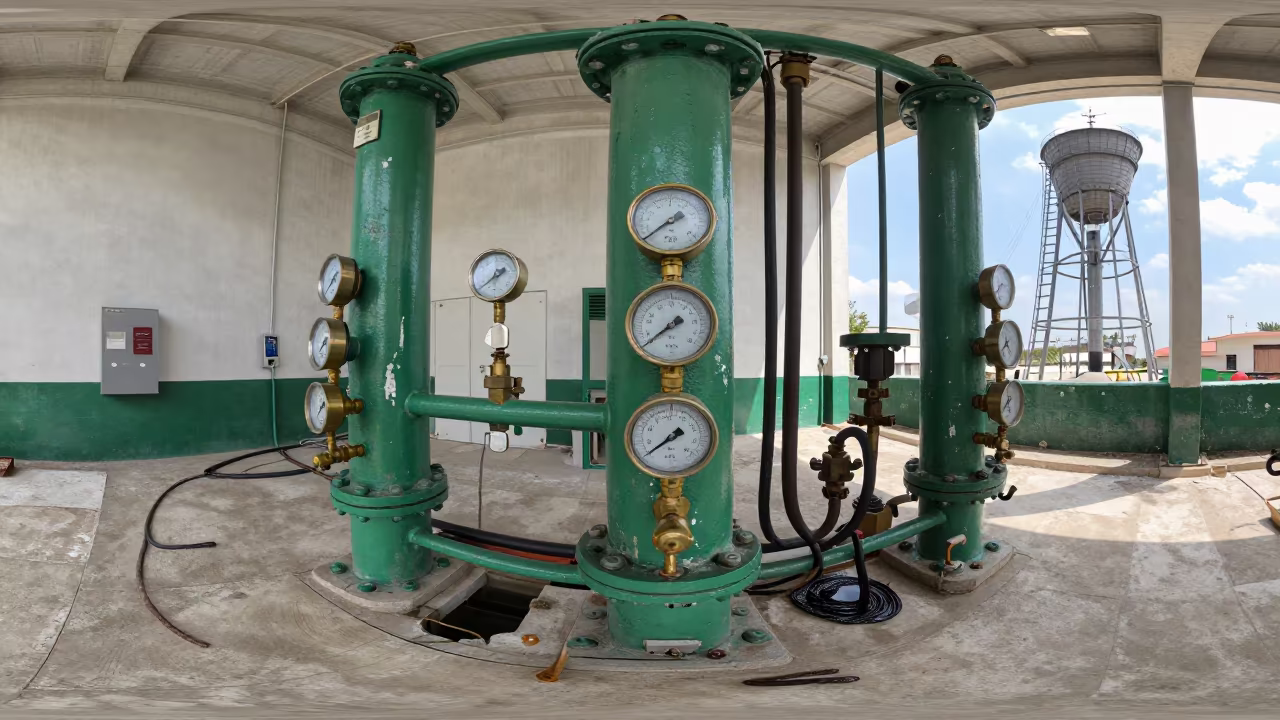 Syrian Pumping Station Brass Gauges Peeling Paint in beside a water tower ladder in Syria