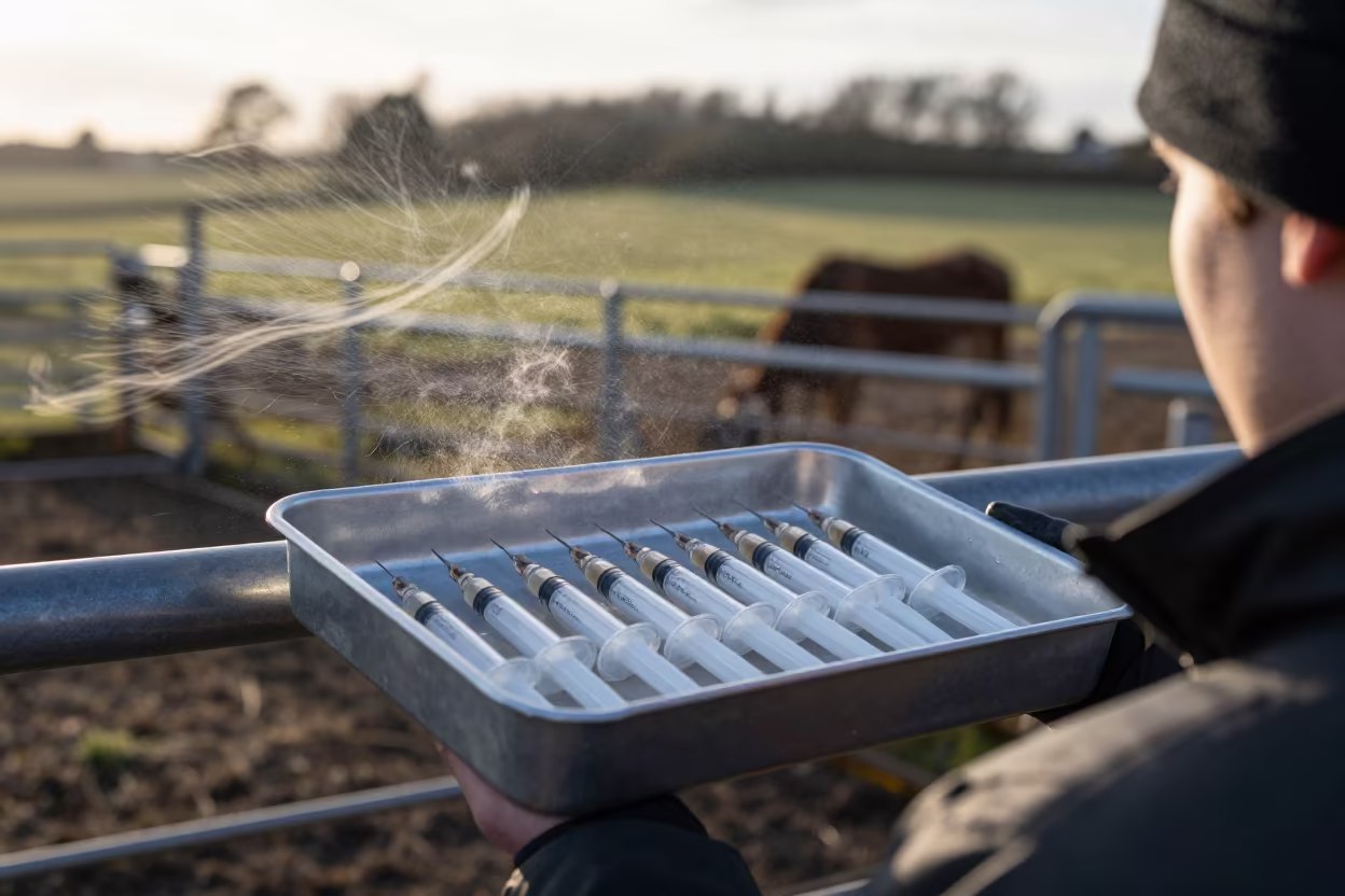 Syringe Count Tray Dawn Ranch Corral in inside a ranch corral in Northern Ireland