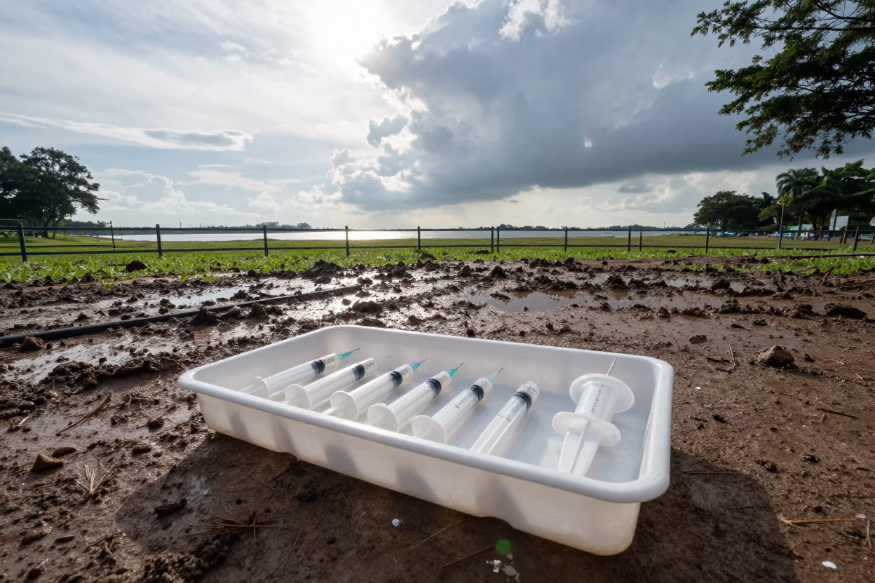 Syringe Count Tray Along Muddy Paddock Fence Singapore in along a muddy paddock fence in Singapore
