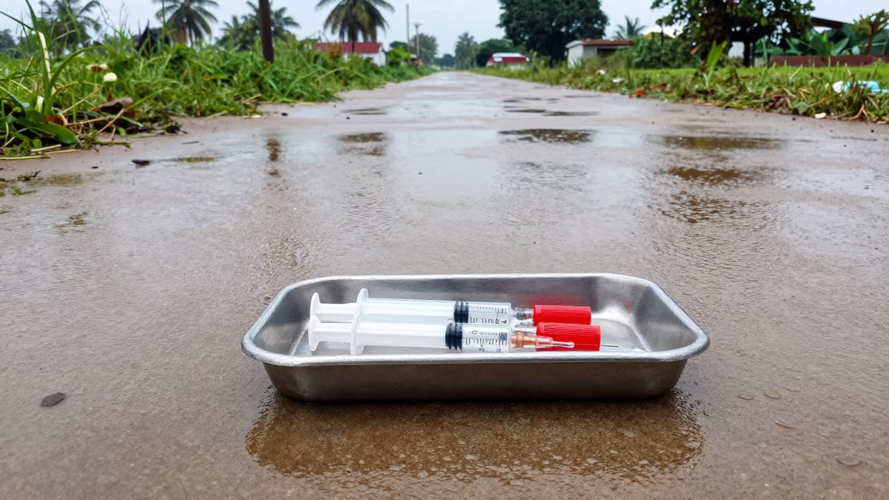 Syringe Count Tray on Odisha Feedlot Lane in along a feedlot lane in Odisha