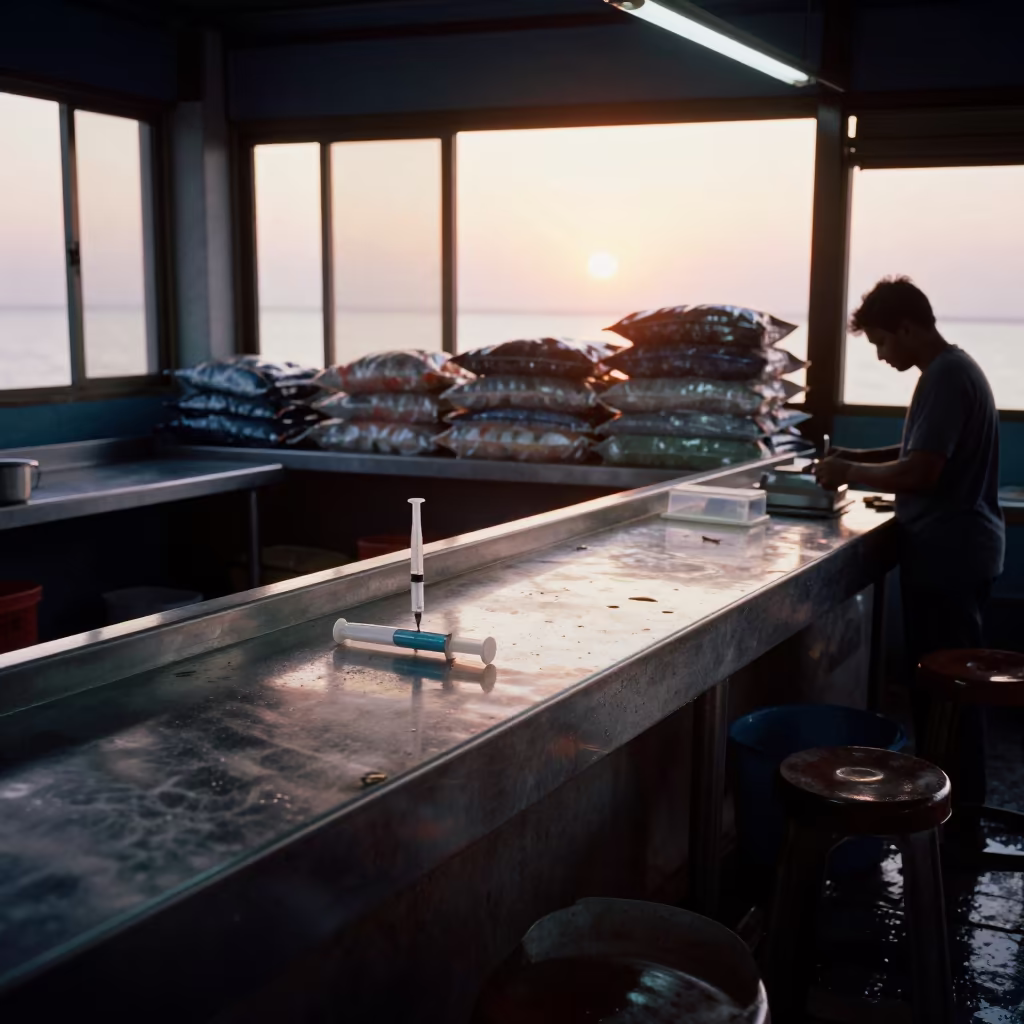 Syringe Feeding Kit at Kollam Fish Bagging Counter in inside a fish bagging counter zone near Kollam