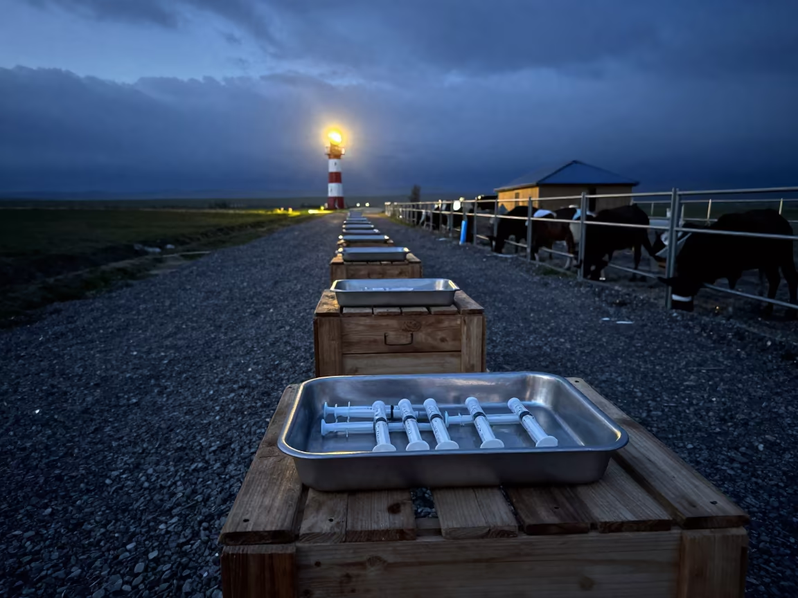 Syringe Tray in Kyrgyz Feedlot at Midnight in along a feedlot lane in Kyrgyzstan