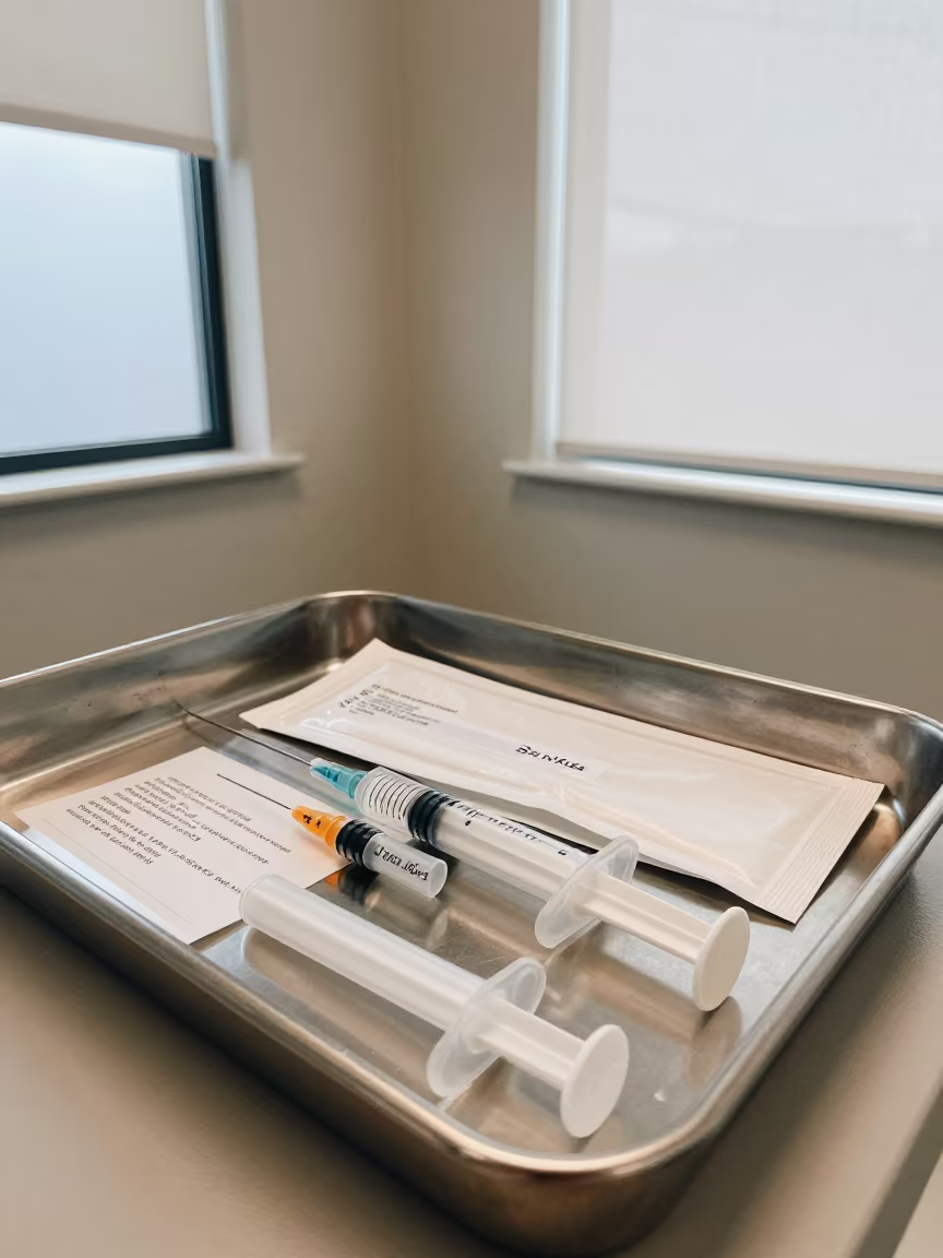 Syringe Tray Under Task Light in at a nurse station under monitor glow in San Jose