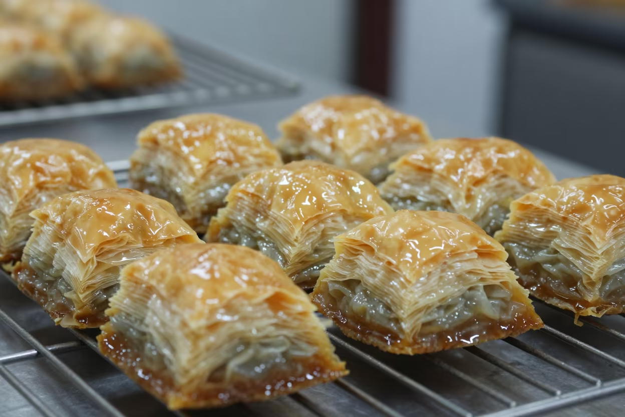 Syrup Glistening Baklava on Bakery Rack in on a bakery cooling rack in Faisalabad