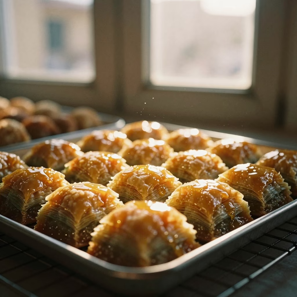 Syrup Glistening Baklava on Cooling Rack in Suez in on a bakery cooling rack in Suez