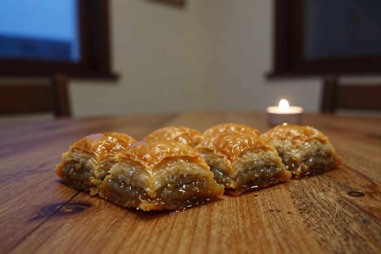 Syrup-Glistening Baklava on Rustic Table in on a rustic wooden table in Idku