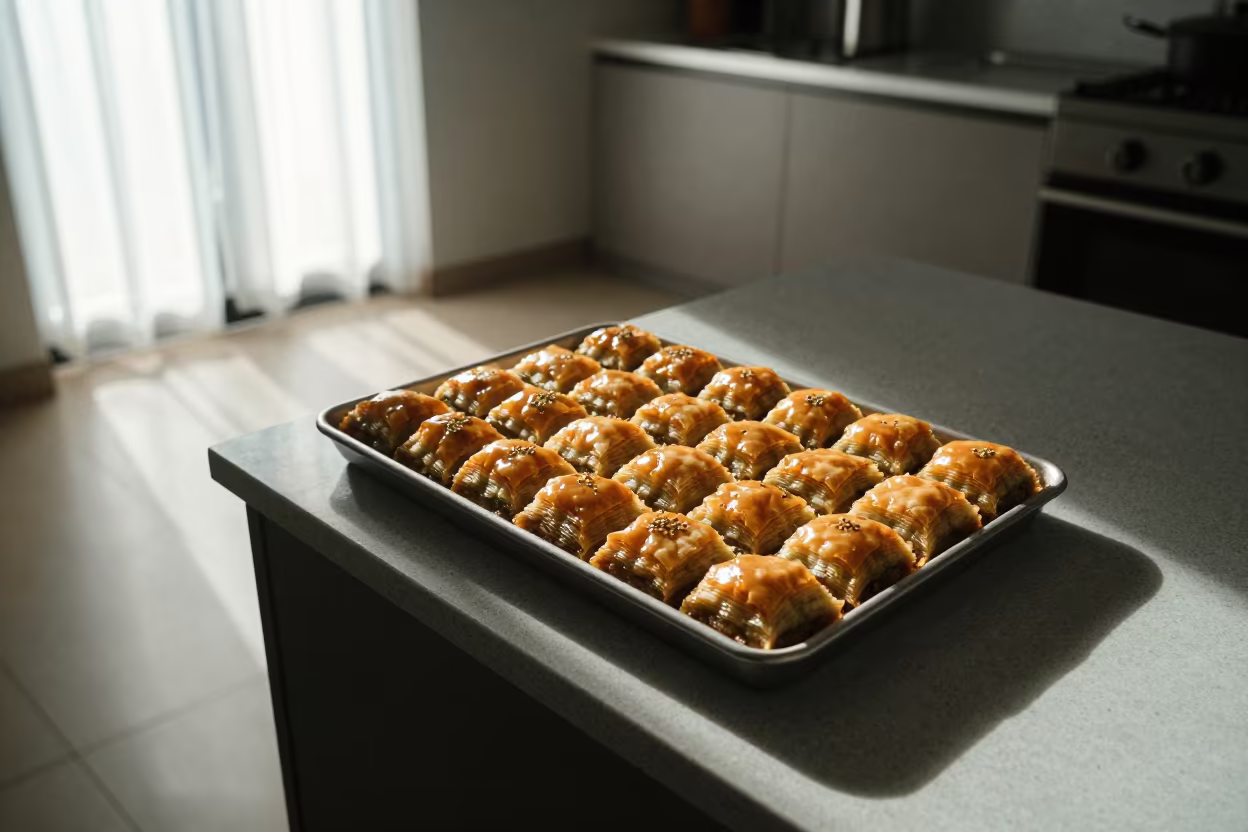 Syrup Glistening Baklava Tray on Cúcuta Worktop in on a kitchen worktop in Cúcuta