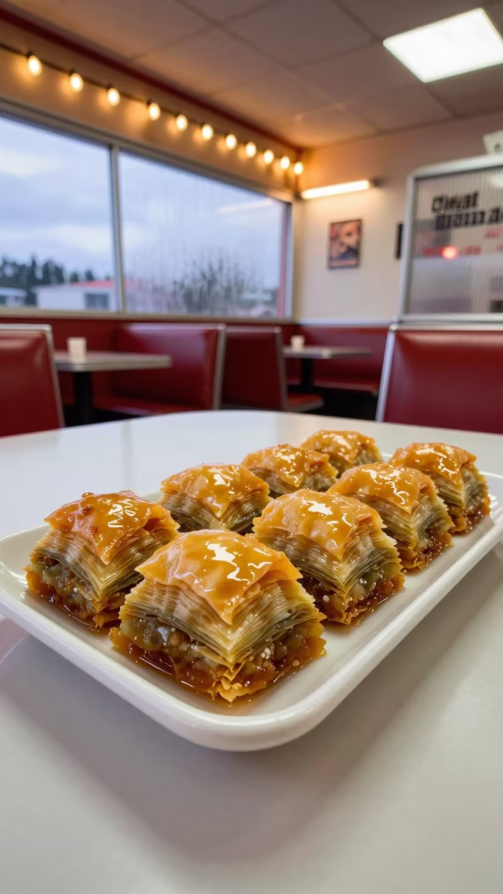 Syrup Glistening Baklava Tray Diner Hamburg in at a roadside diner table in Hamburg