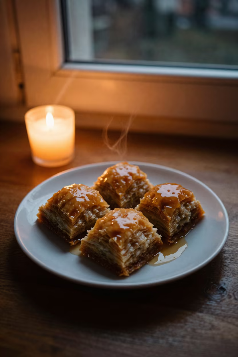 Syrupy Baklava Plate Candlelight Cologne Night in on a ceramic plate by a window in Cologne