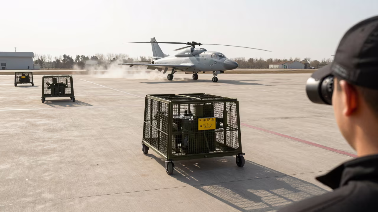 TA 50 Cage on Jinan Airbase Flightline in along an airbase flight line near Jinan
