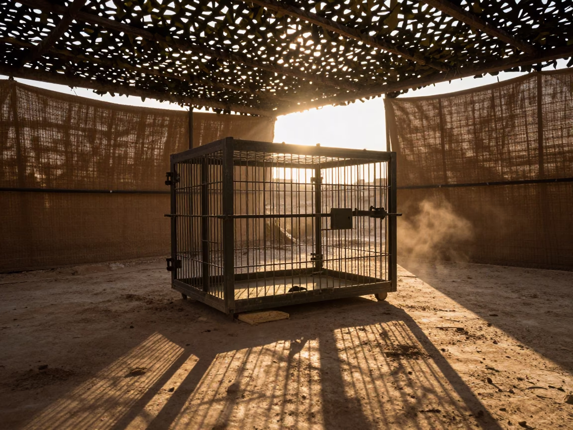 TA 50 Cage Silhouette Before Nightfall in beneath a camouflage net shelter in Libya